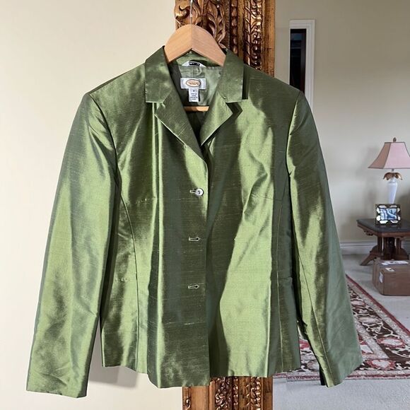 Talbots Womens 100% Silk Woven Shantung Jacket Size 8 Green Silk Coat - Picture 1 of 4